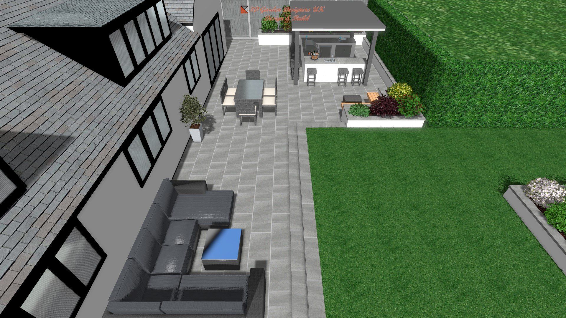 Modern outdoor patio with seating, dining area, and a garden structure.
