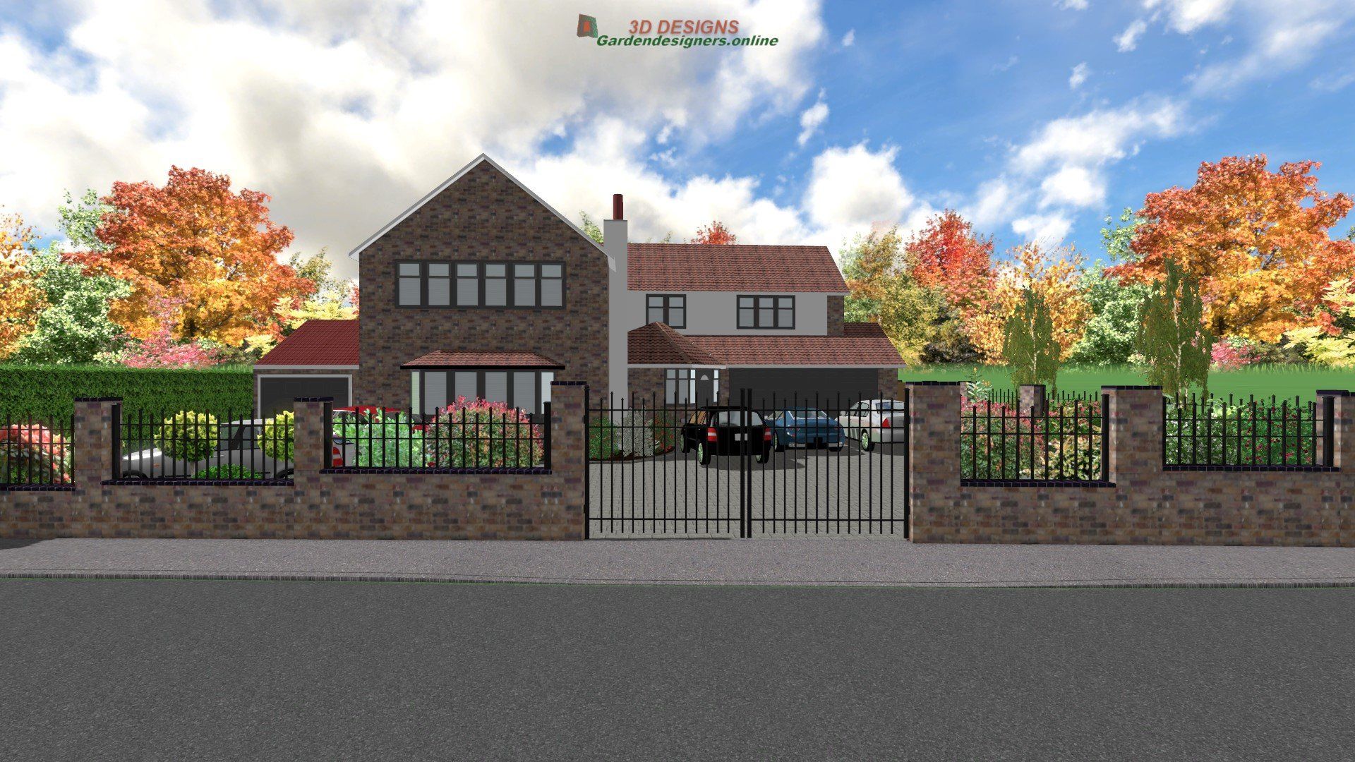 Brick house with black gate and fence, autumn trees, and blue sky.