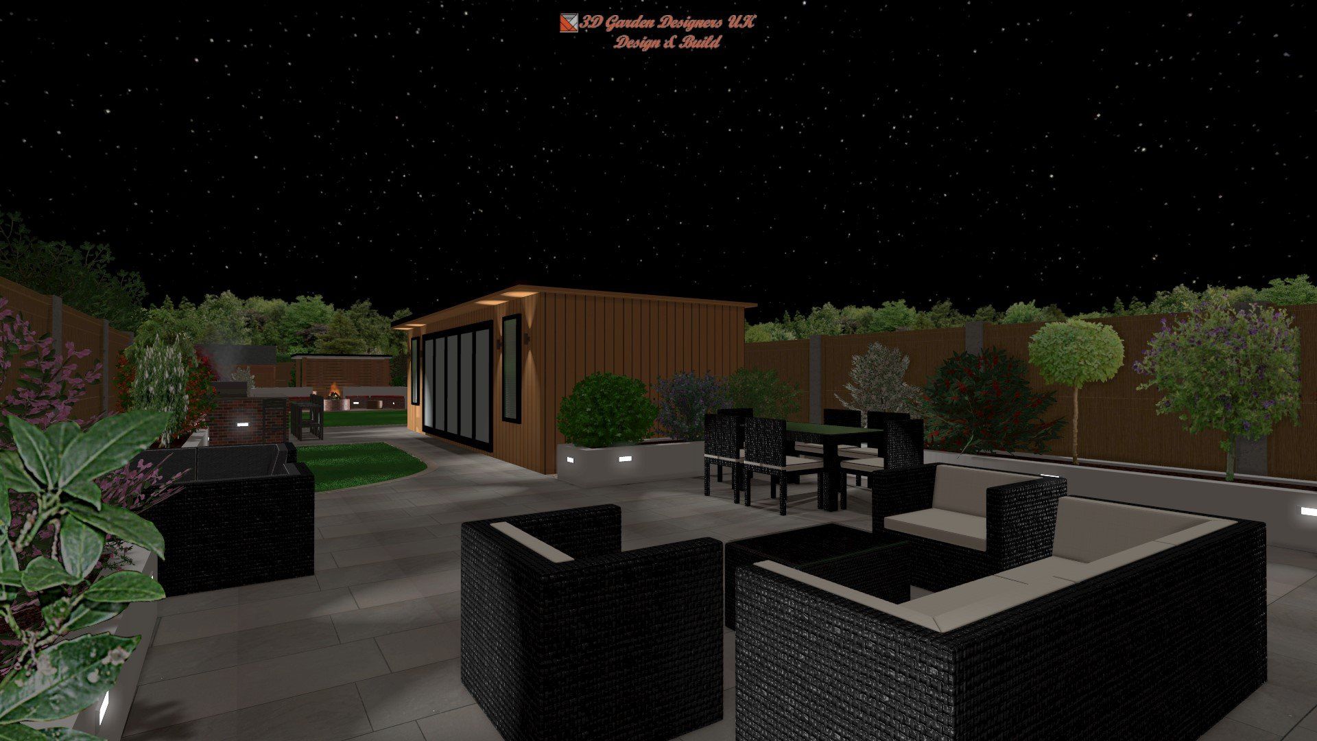Night view of a modern patio with seating, a wooden building, and landscaping under a starry sky.