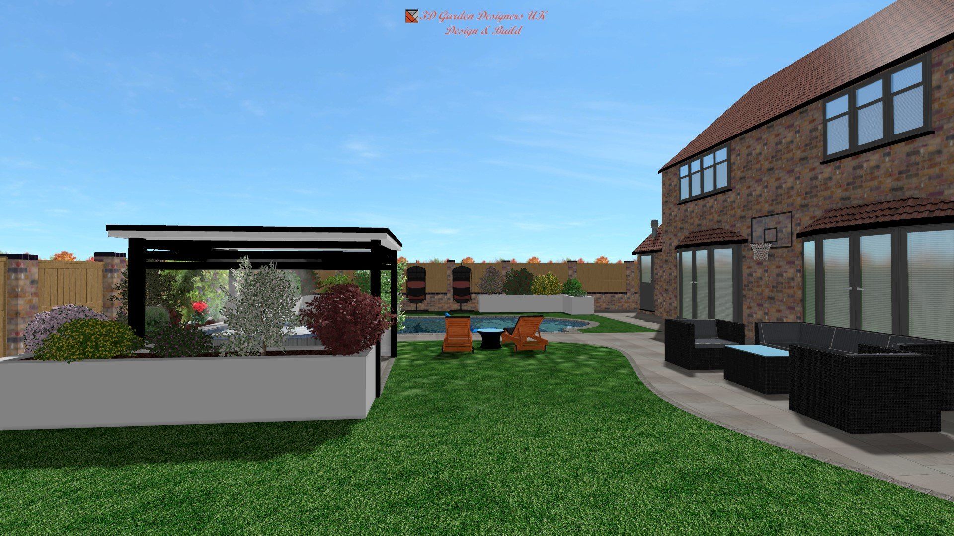 Backyard rendering: A modern patio with a pool and seating area next to a brick house on a sunny day.