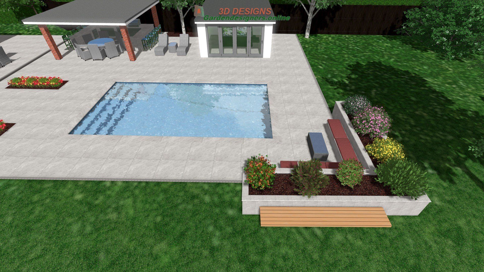 Backyard pool and patio with seating, garden beds, and covered BBQ area.