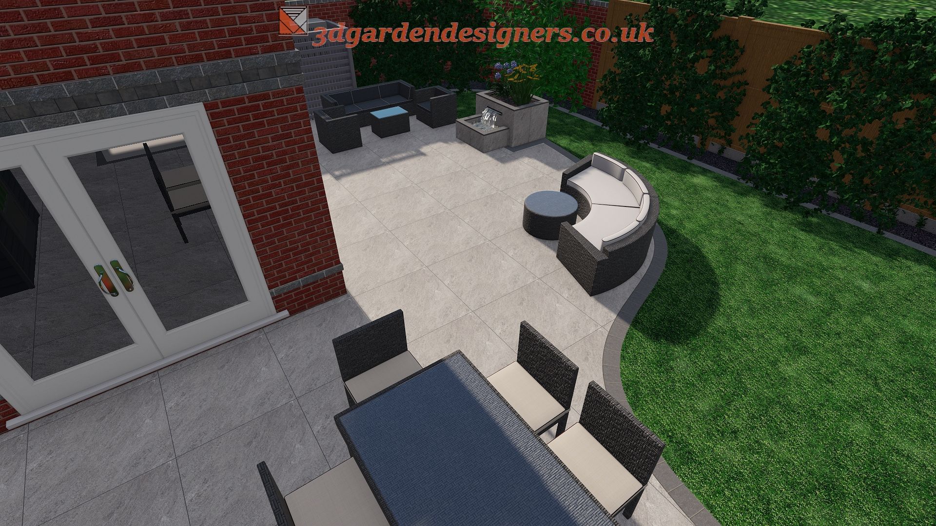 A patio design with outdoor furniture, including a dining set, seating area, and a semi-circular couch.