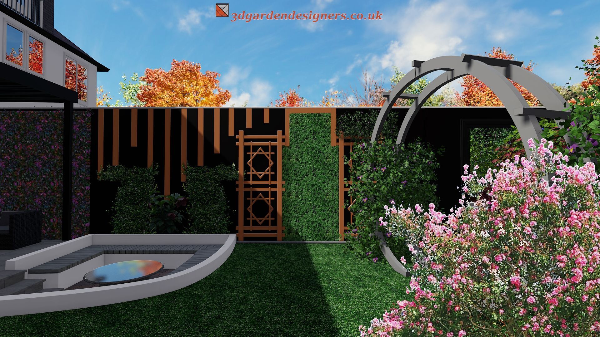 Backyard garden with fire pit, wooden fence, arch, and blooming pink flowers under a blue sky.