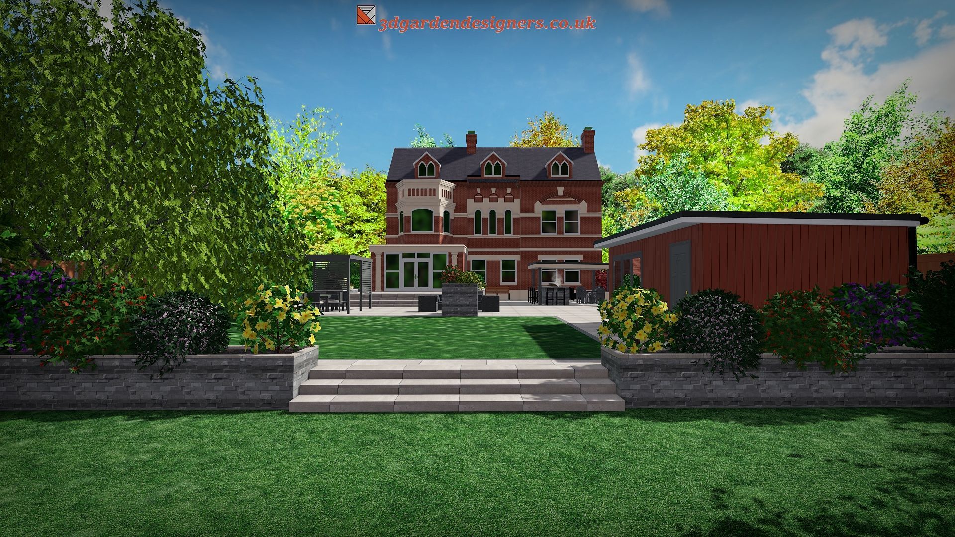 A large brick house with a well-manicured lawn and garden under a blue sky.