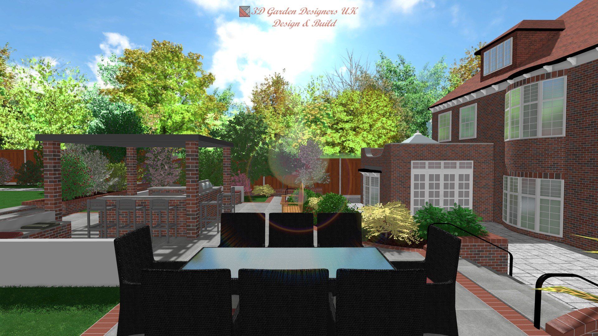 A backyard patio with outdoor furniture, brick house, and trees. Sunny day.