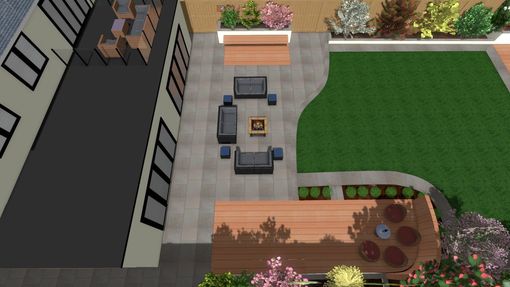 Overhead view of a modern backyard patio with seating, fire pit, lawn, and landscaping.