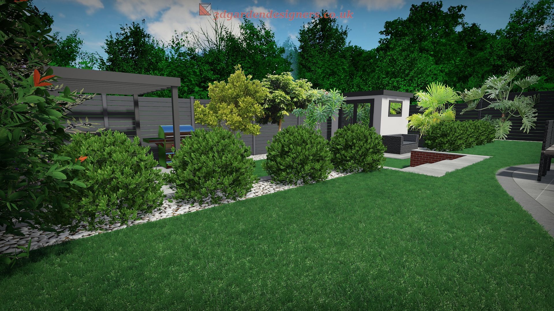 Landscaped backyard with green lawn, shrubs, and a small building with an outdoor kitchen area.