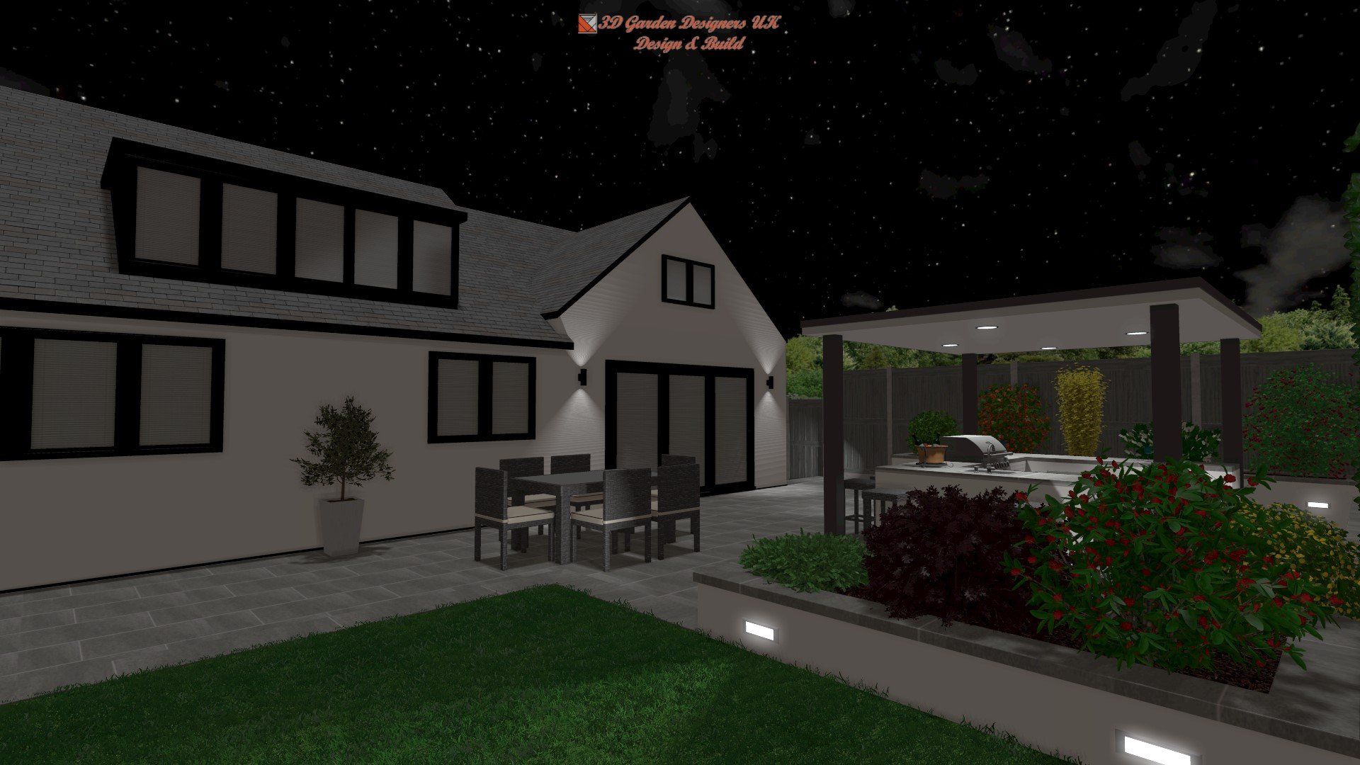 Exterior night scene of a modern house with patio furniture, lit by spotlights. Starry sky overhead.