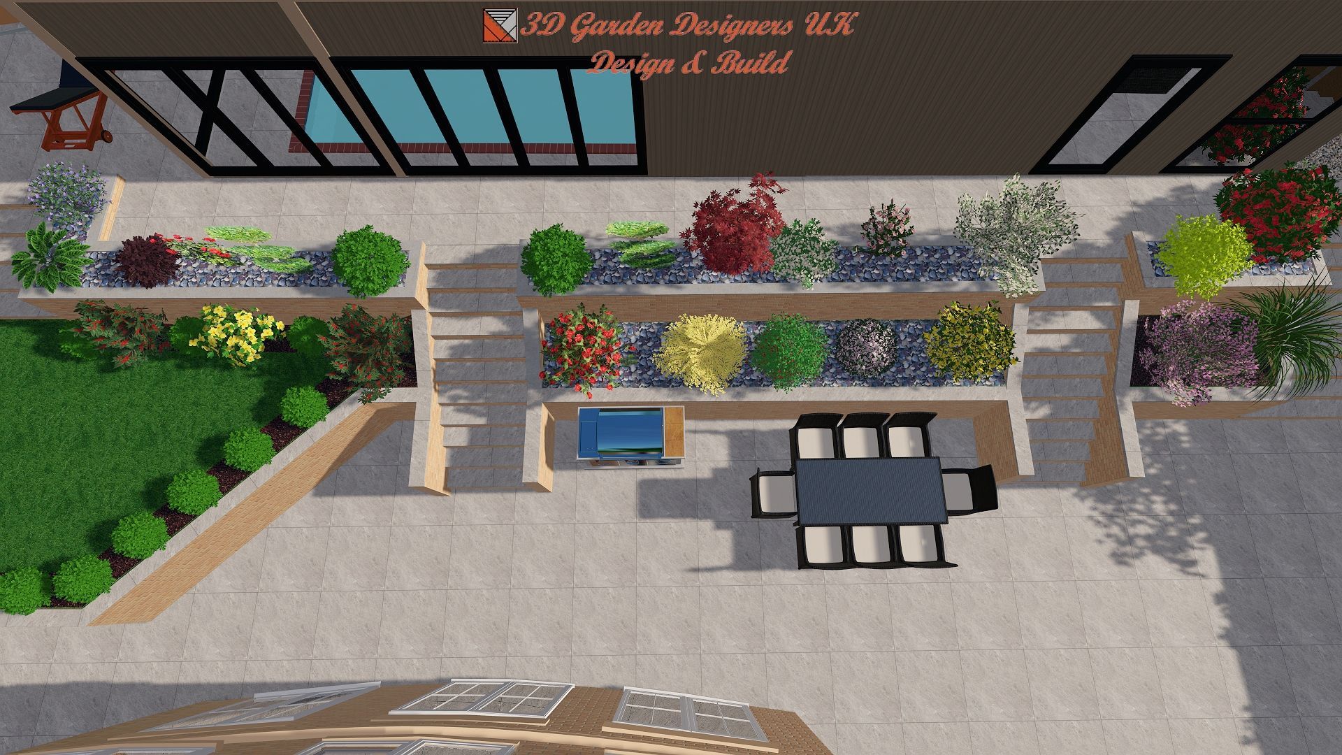 Overhead view of a patio with built-in planters and dining area.