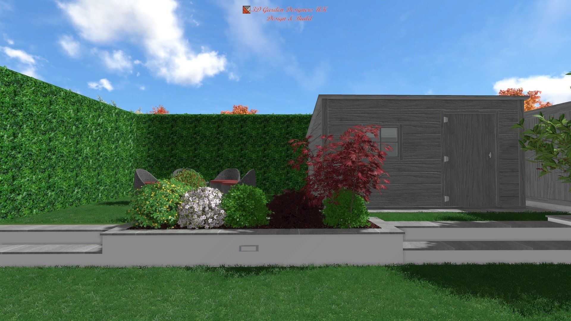 Lush green garden with hedge, shed, and flower beds under a blue sky with fluffy clouds.