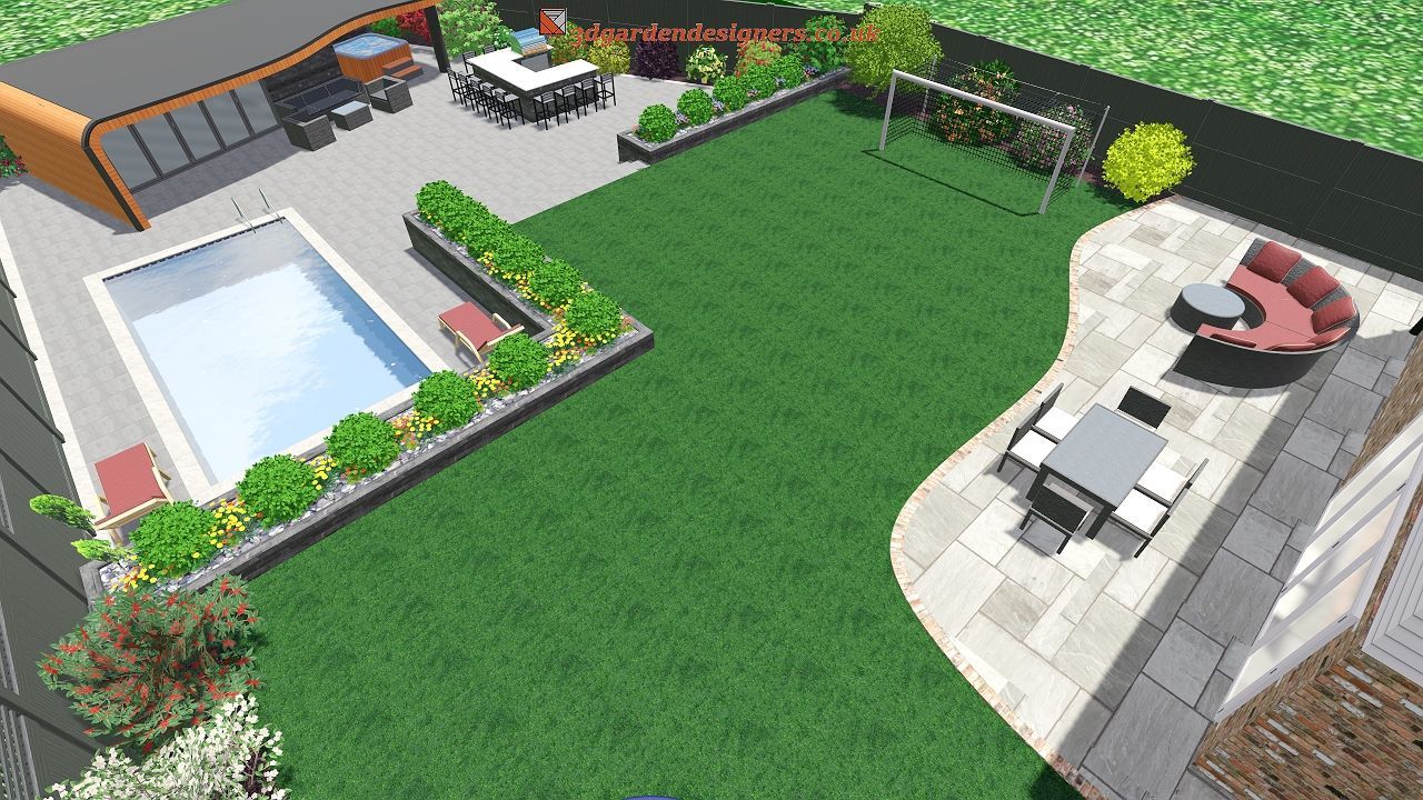 A modern backyard design with a pool, patio, lawn, seating areas, and a small building with an orange roof.