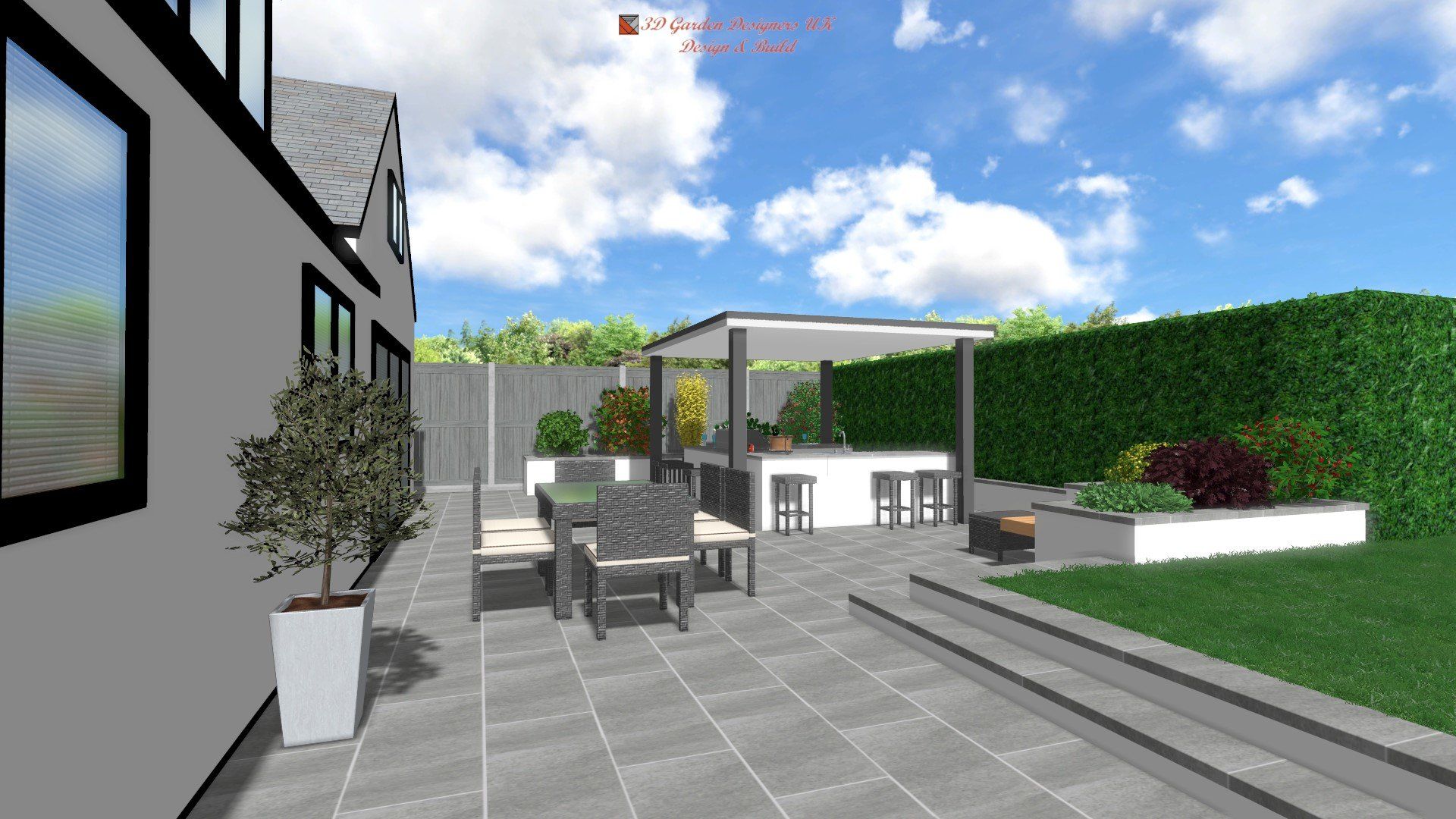 Backyard patio with outdoor kitchen, dining area, and green hedge under a cloudy sky.