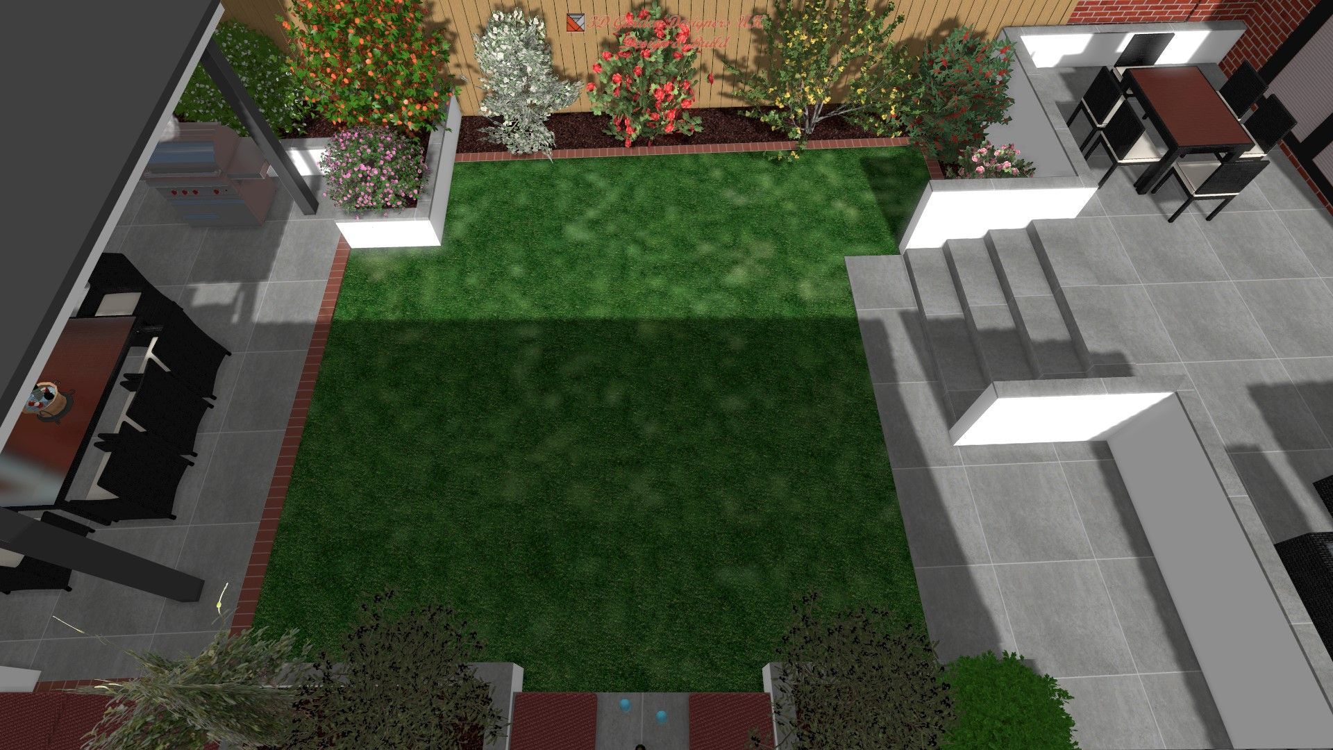 Overhead view of a modern backyard with patio, grass, plants, and dining area.