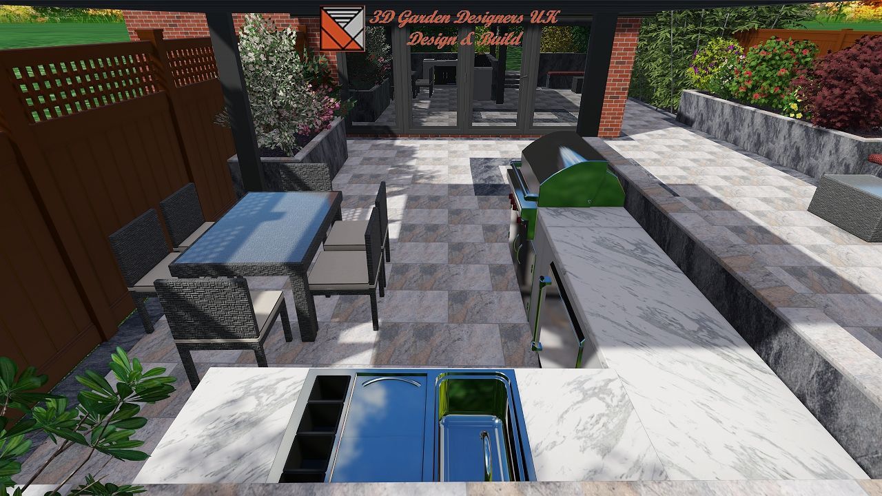 Outdoor patio with built-in grill, dining area, and landscaping.