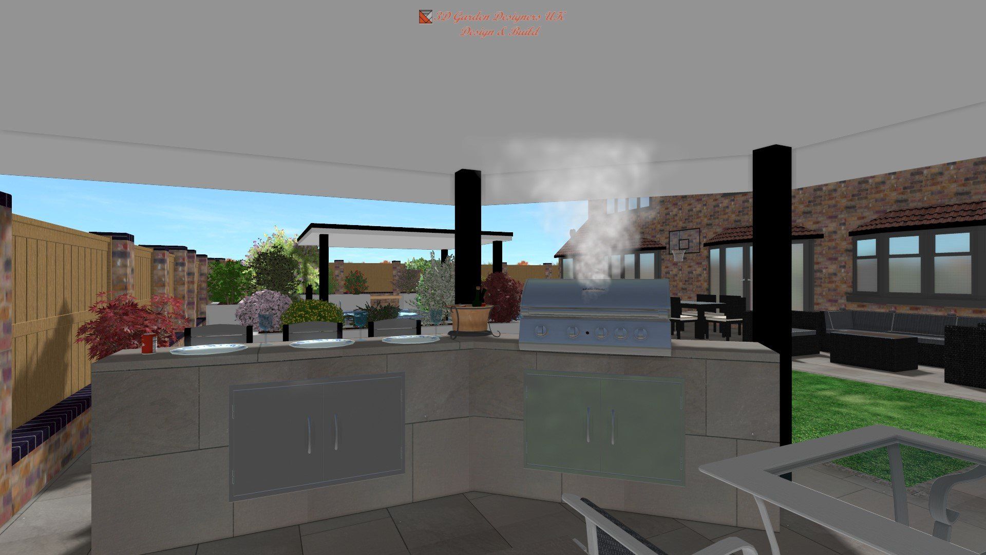 Outdoor kitchen with a grill smoking, surrounded by seating and brick buildings.