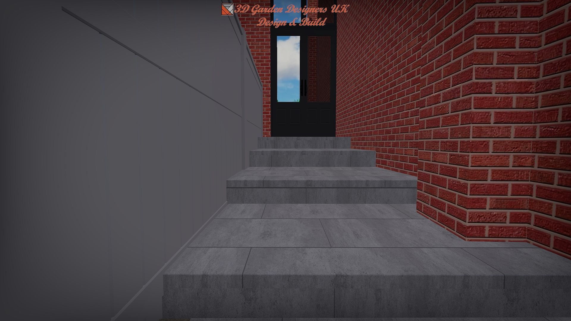 Brick wall and gray stairs leading to a black door with a blue sky visible through the window.