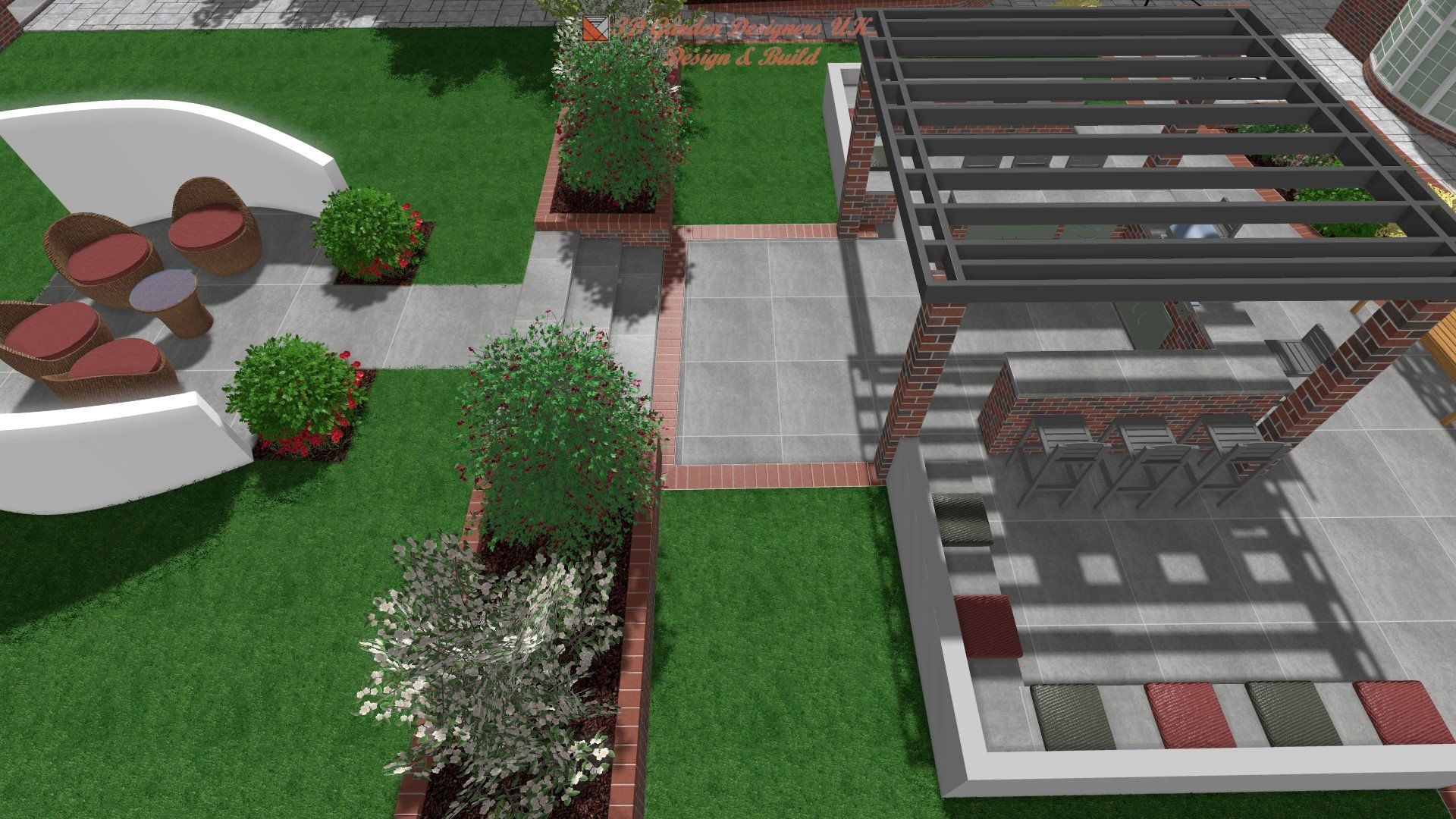 Overhead view of a modern patio design with seating, greenery, and a pergola structure.