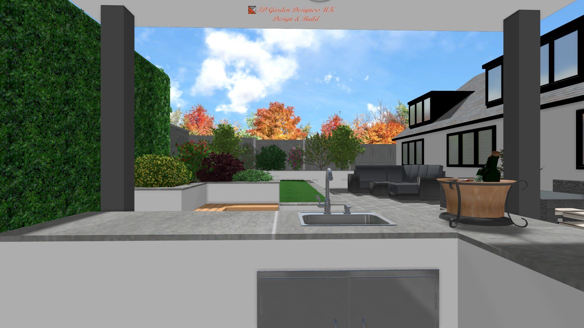 Outdoor kitchen with sink, patio, and view of backyard and house.