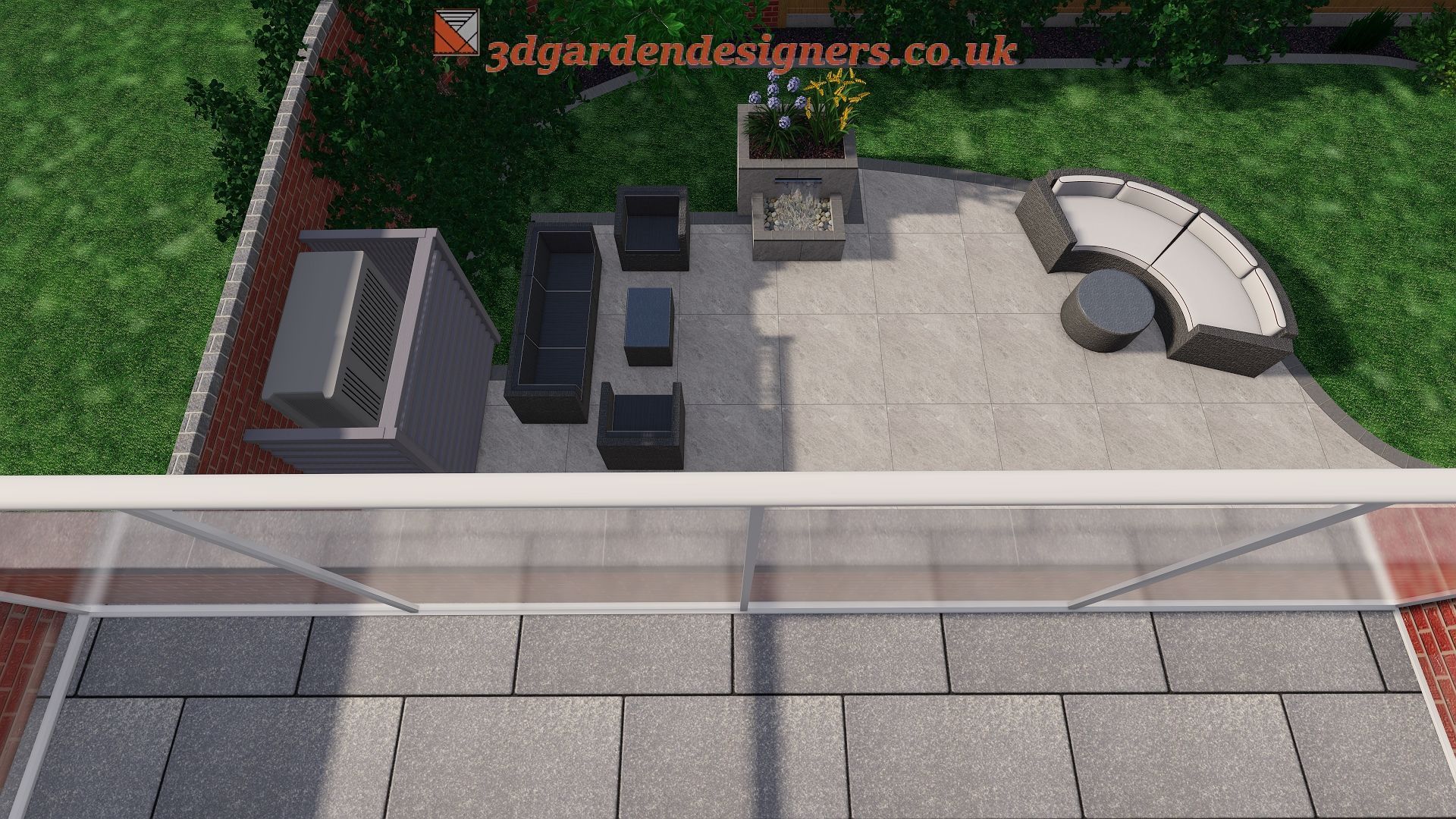 Overhead view of a modern patio with gray furniture, a grill, and a curved sofa.