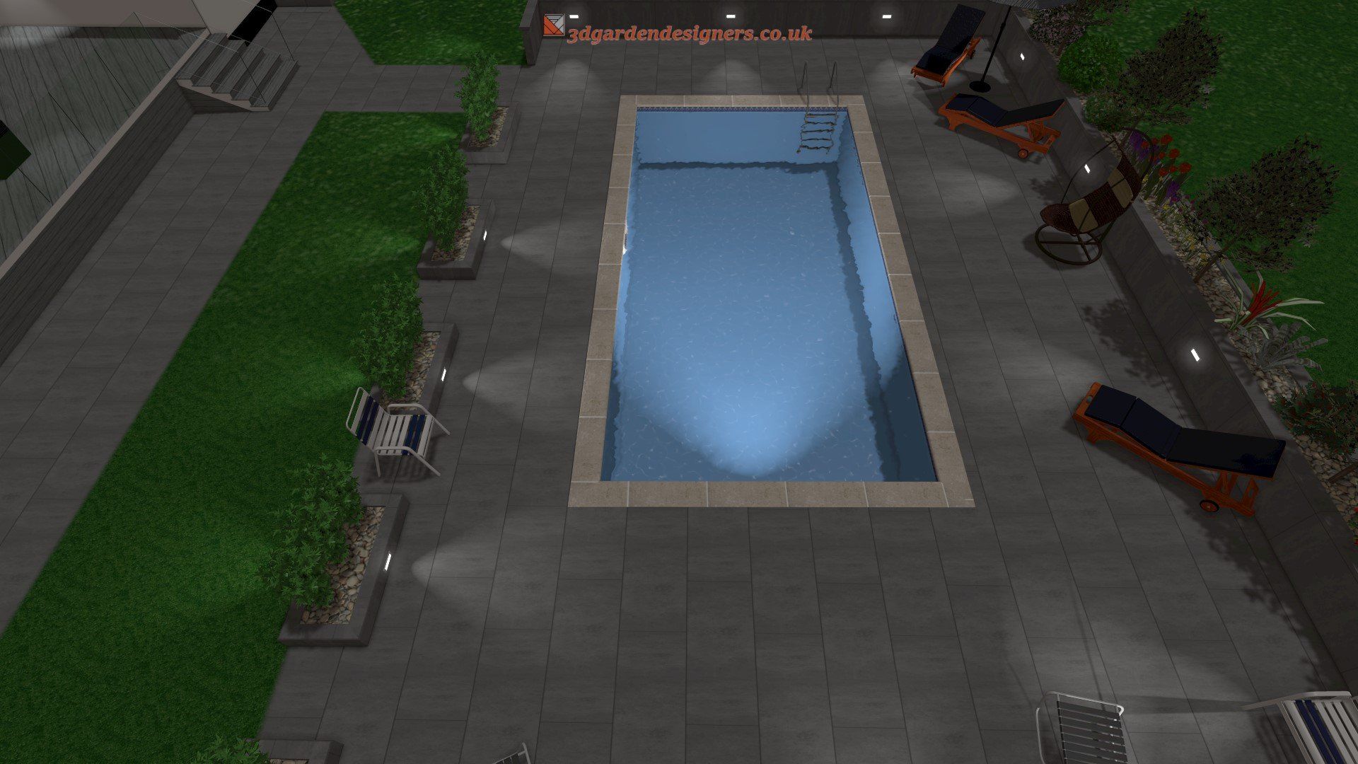 Pool and patio area with chaise lounges and lights at night.