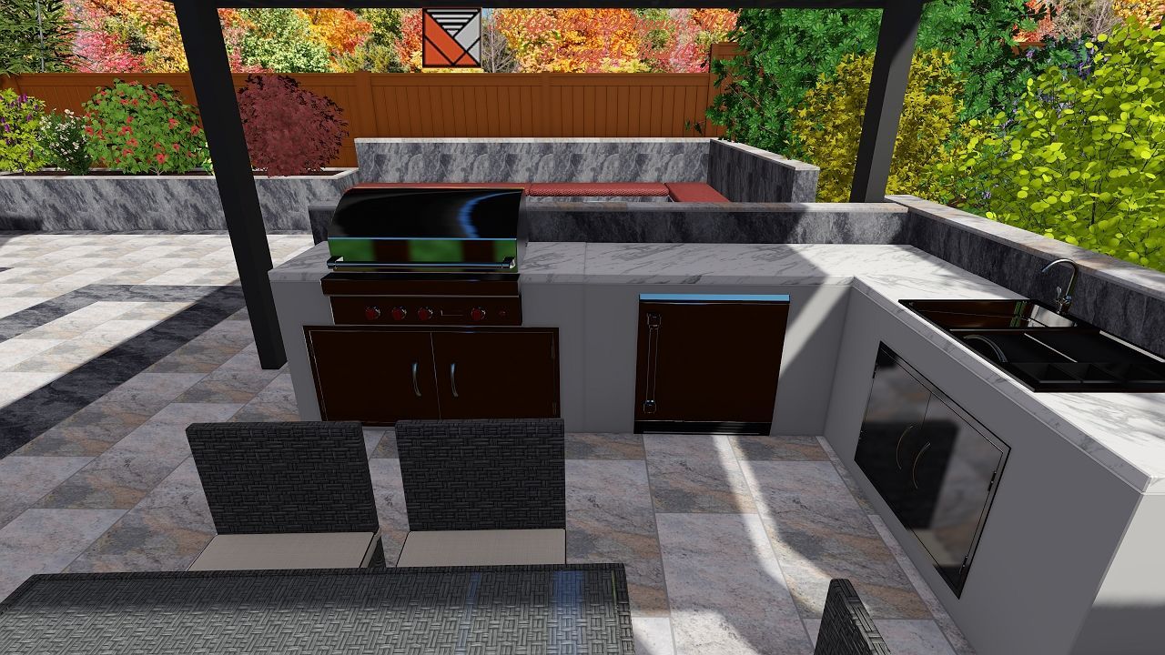 Outdoor kitchen with a grill, cabinets, and seating, under a shaded structure.
