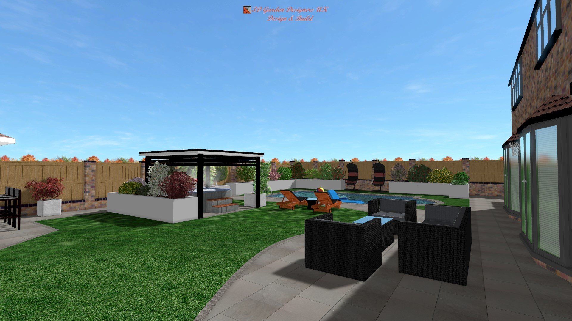 Backyard with lawn, pool, patio furniture, and a pergola under a blue sky.