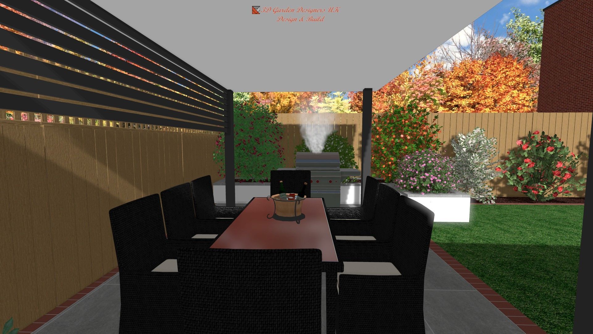 Outdoor dining area: table, chairs, grill under a covered structure, surrounded by foliage and fence.