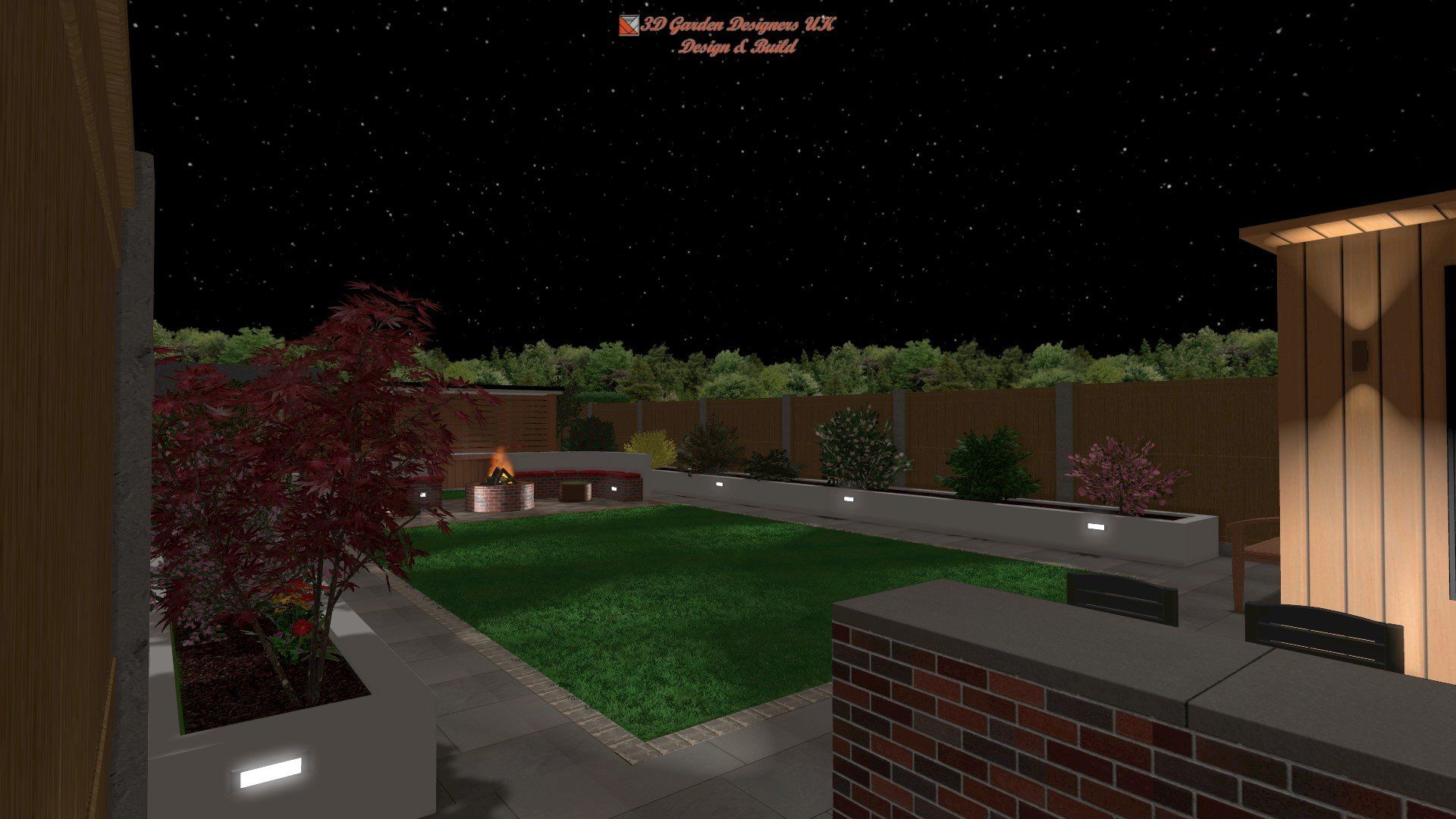 Backyard at night, with green lawn, red tree, wooden fence, lights, and starry sky.