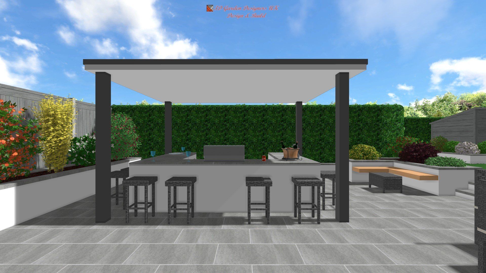 Outdoor kitchen with a pergola, bar stools, and lush greenery under a blue sky.