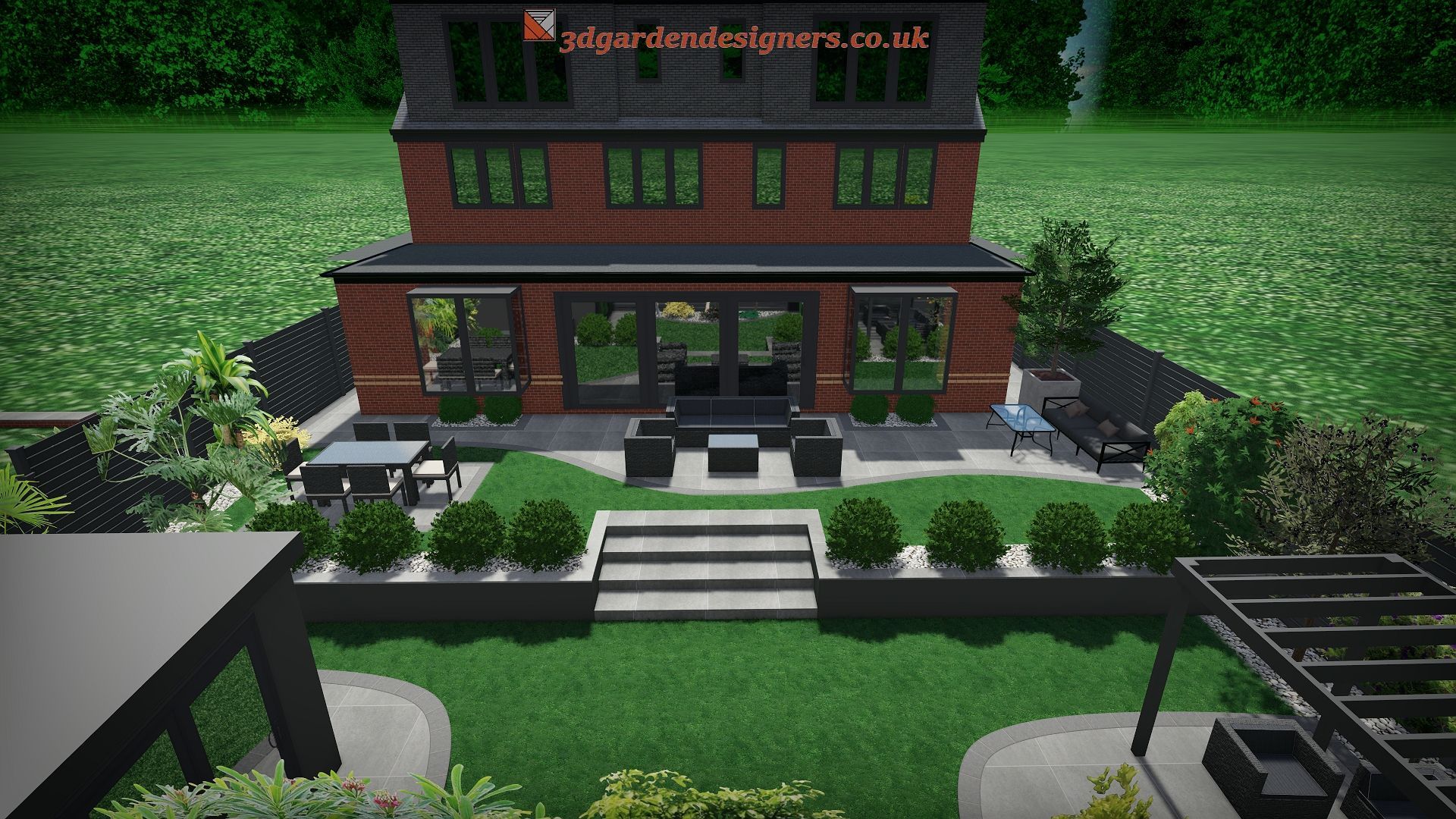 Backyard with modern home, patio, steps, lawn, and landscaping. Dark structures contrast the green and gray elements.