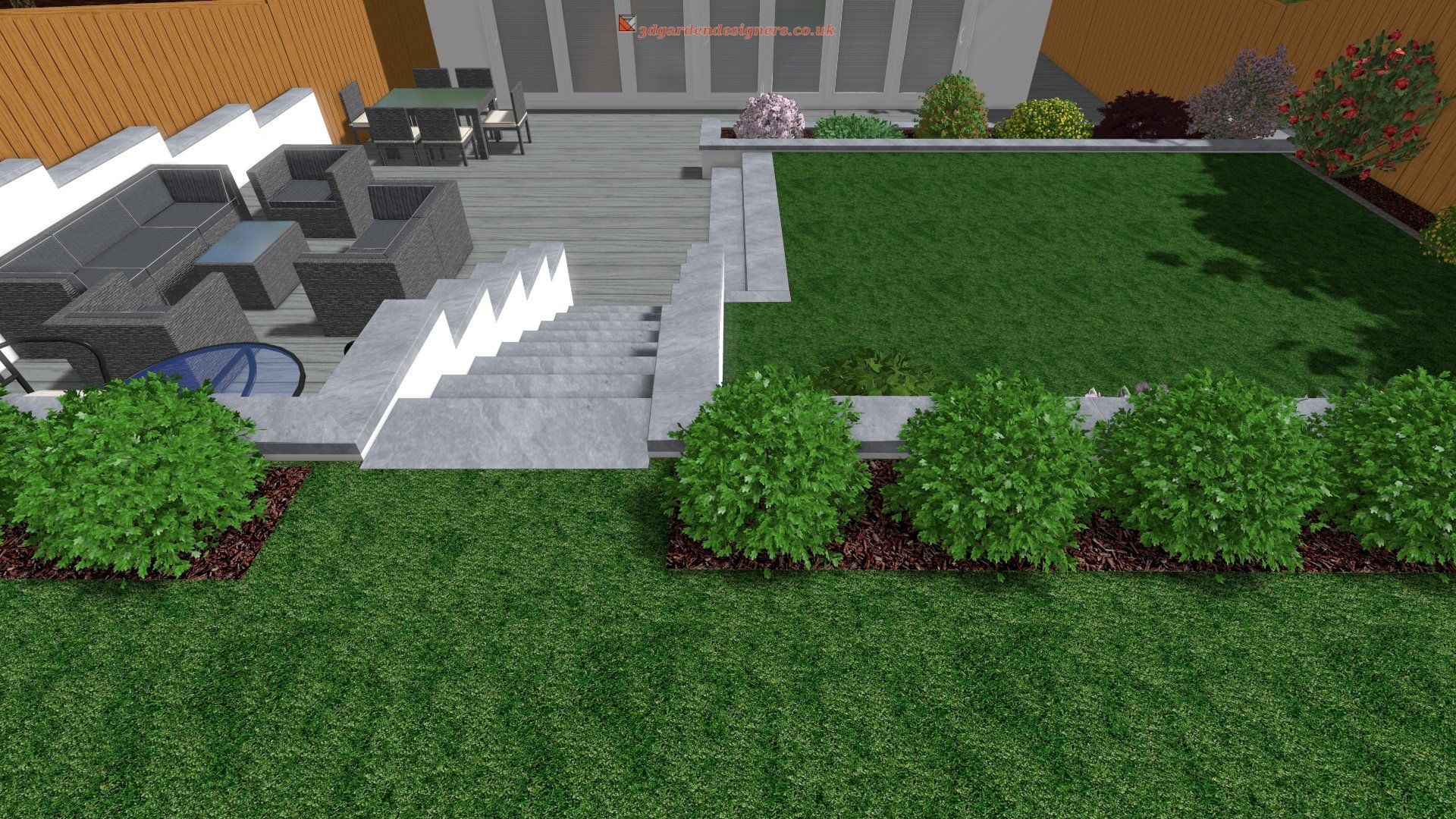 Garden design rendering featuring patio furniture, steps, lawn, and landscaping.