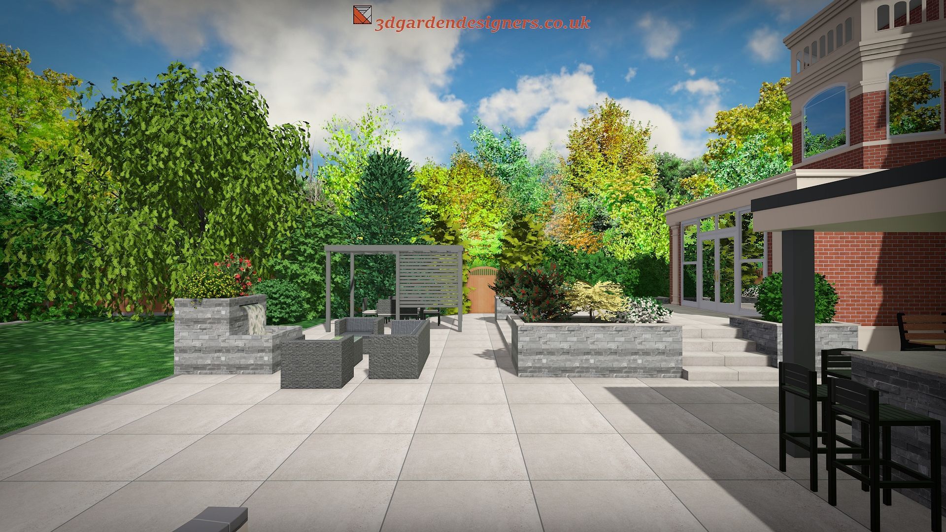 Patio with outdoor furniture, lush greenery, and a brick building under a cloudy sky.