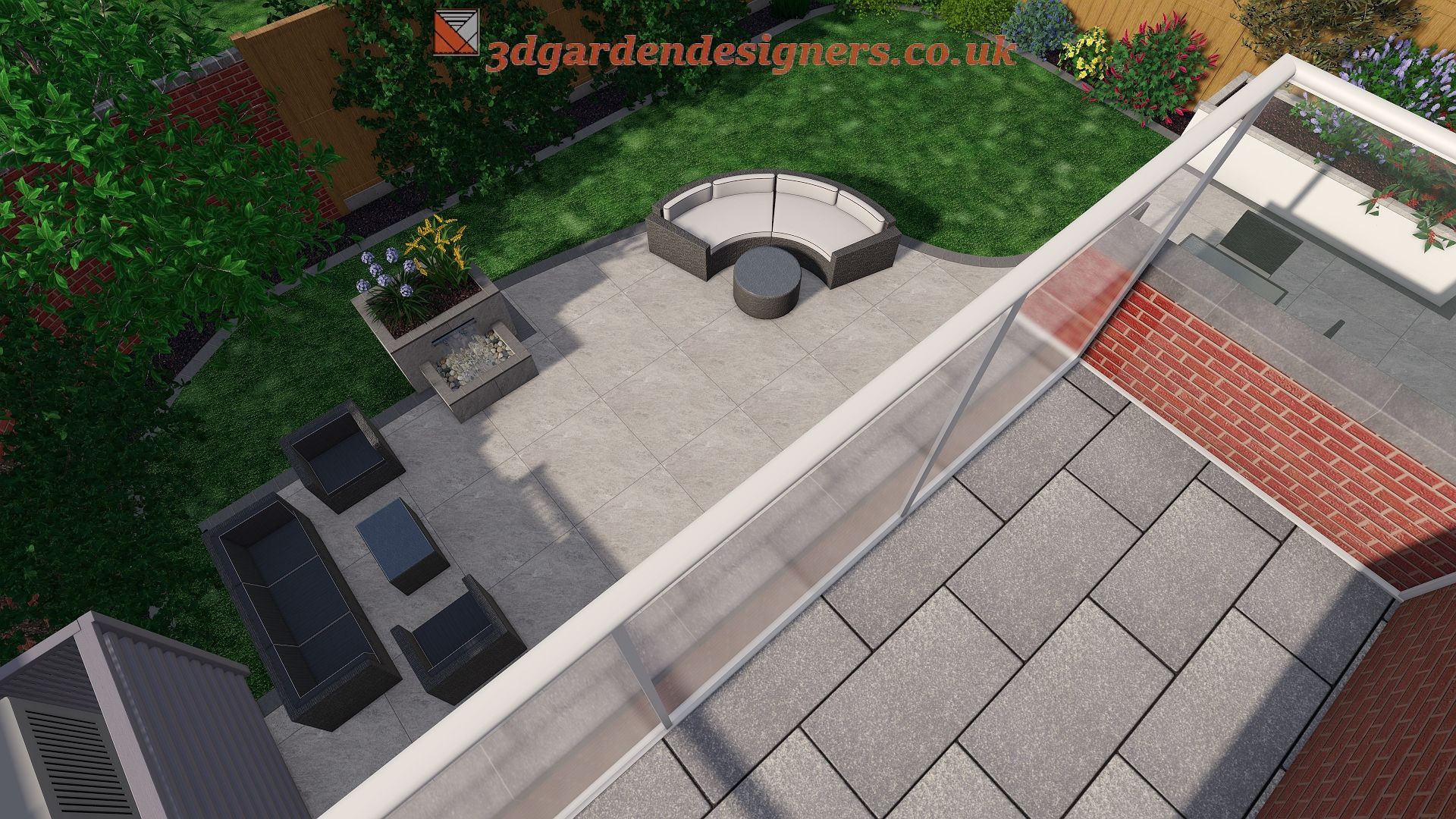 Overhead view of a modern backyard design with a patio, seating area, and landscaping.