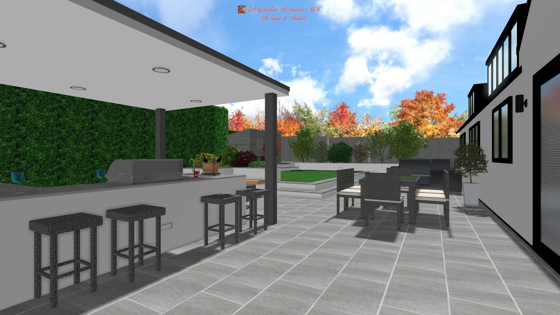 Outdoor patio with bar, seating, and lush greenery on a sunny day.