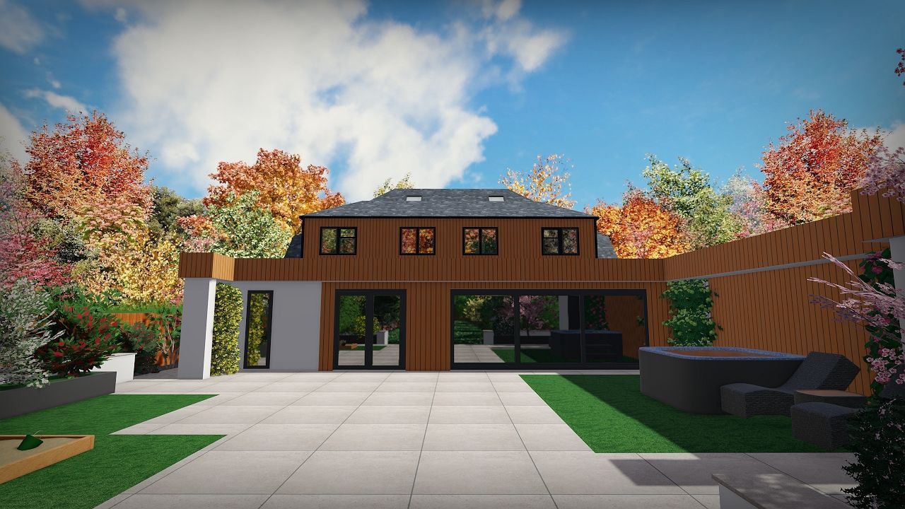 Modern house exterior with wooden facade, large windows, and autumn foliage in a sunny setting.