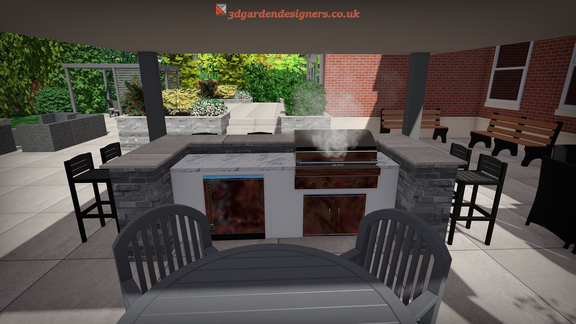 Outdoor kitchen with grill, seating, and brick accents.