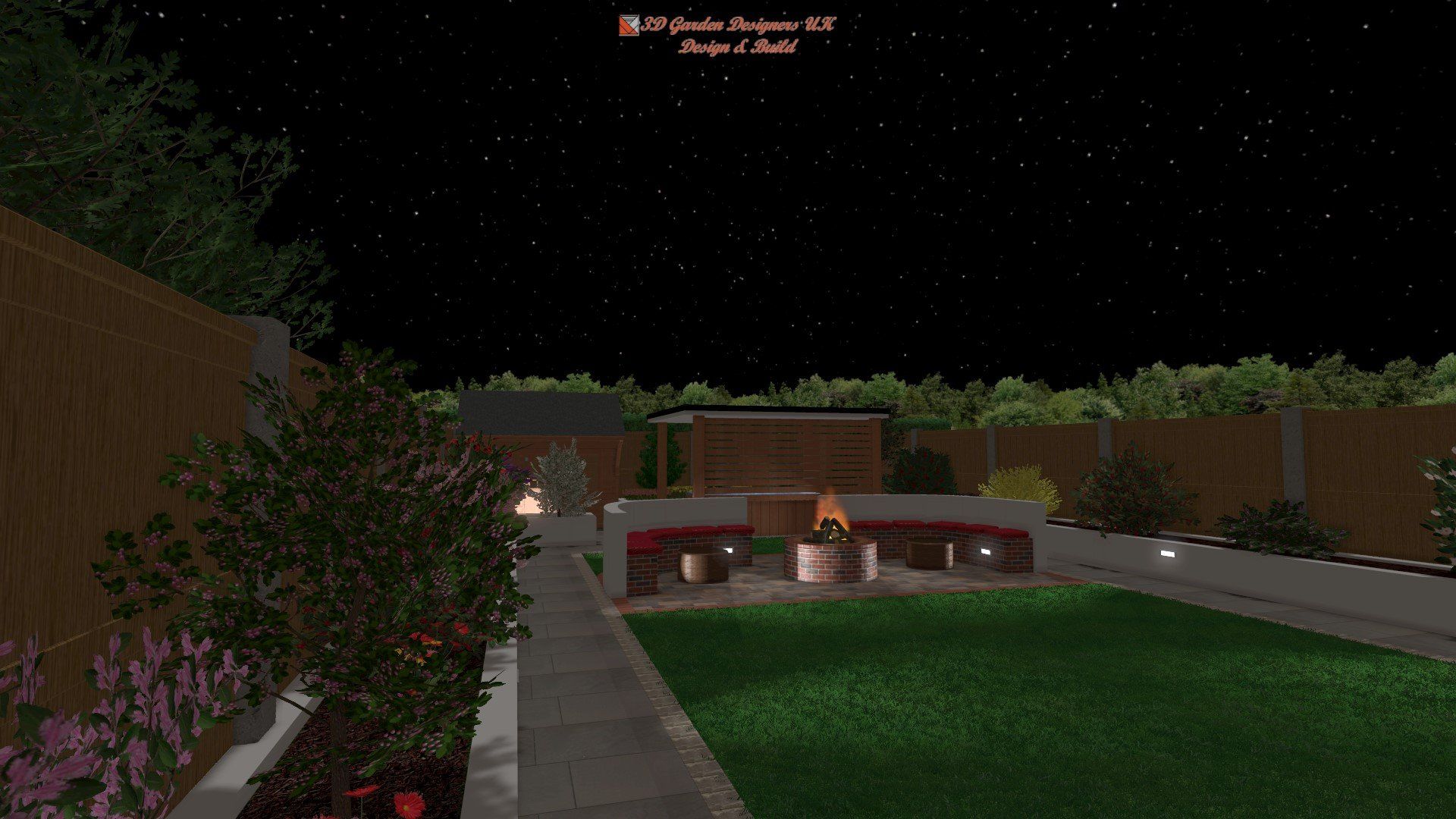 Nighttime backyard with lit fire pit, benches, and a starry sky.