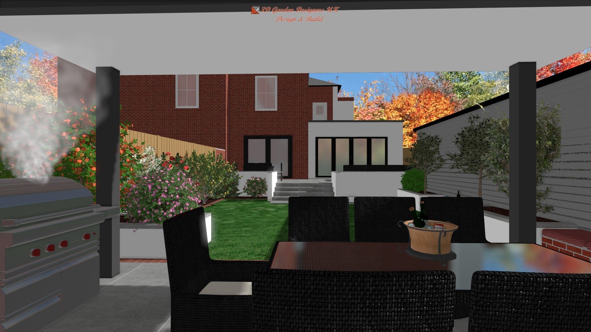 Outdoor patio with grill, dining table, and view of a house.