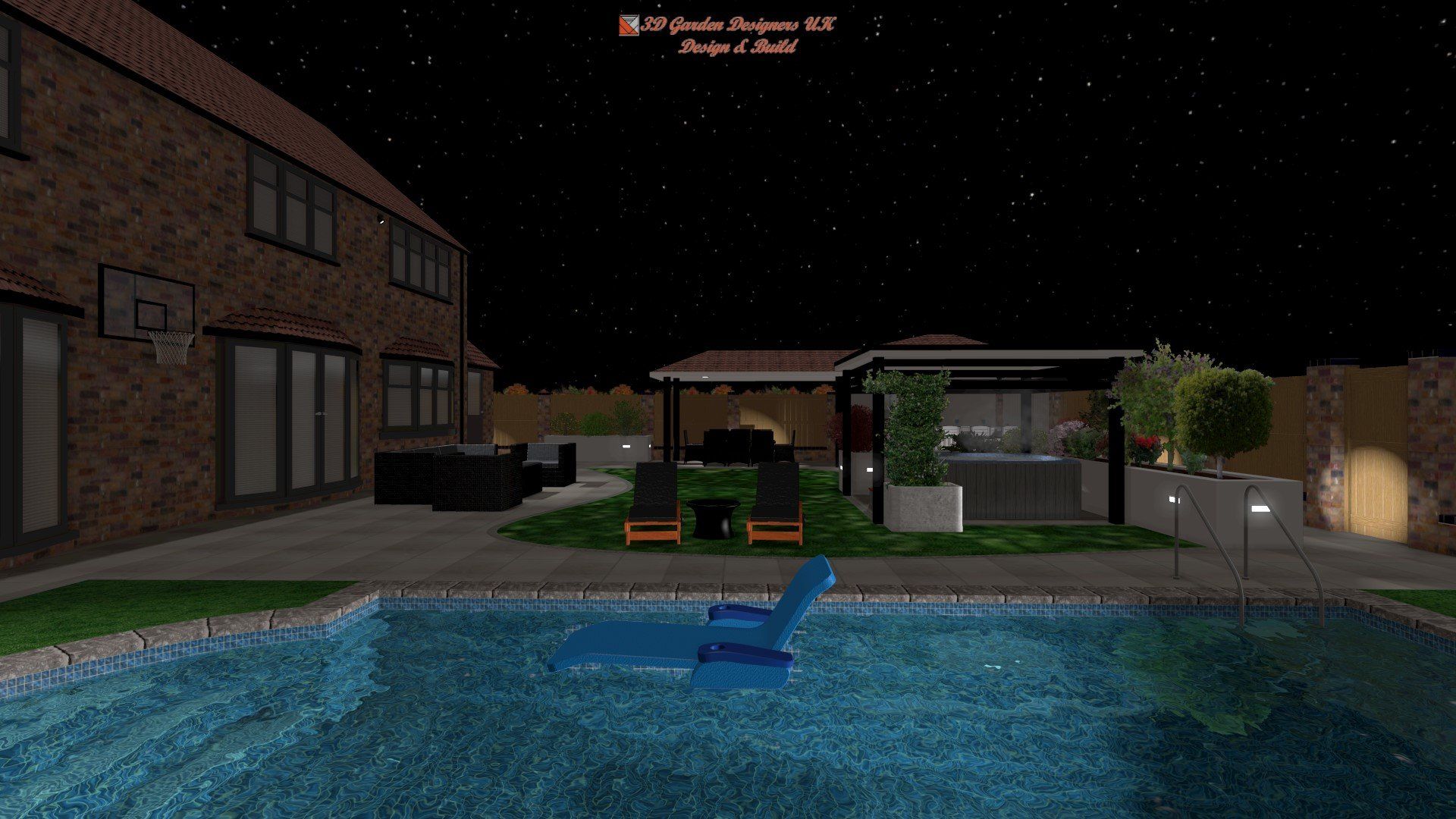 Backyard at night, with a pool, lounge chair, gazebo, and illuminated house.
