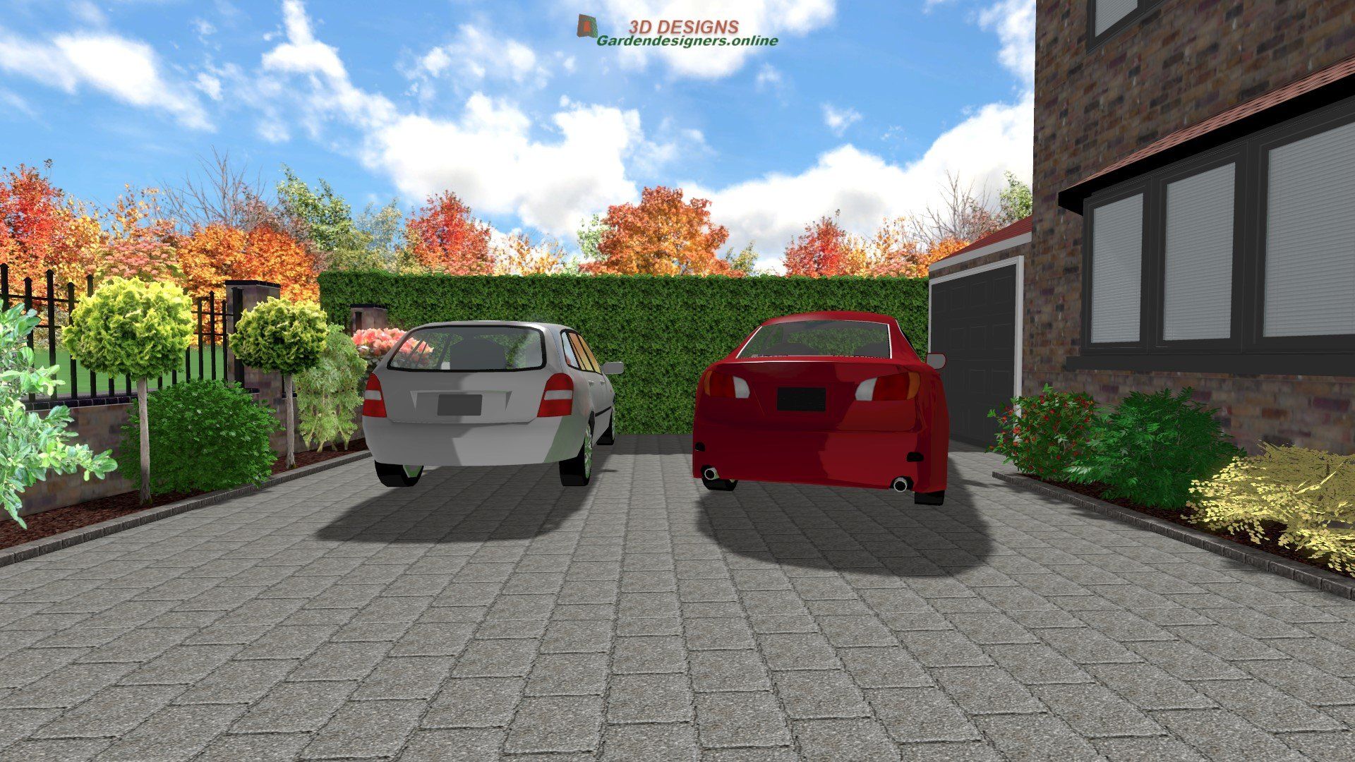 Two cars parked on a brick driveway in front of a house, with a green hedge and trees in the background.