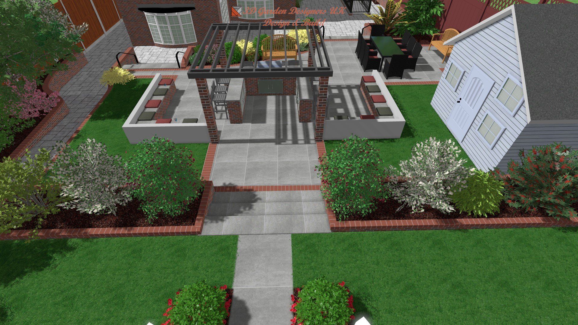 Overhead view of a backyard patio with a pergola, dining area, and landscaping.
