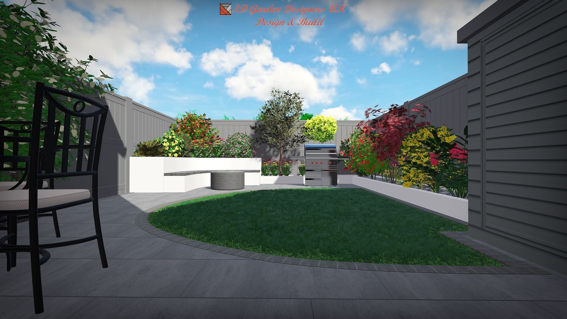 Backyard patio with green lawn, built-in bench, and grill. Colorful foliage against a gray fence, under a blue sky.