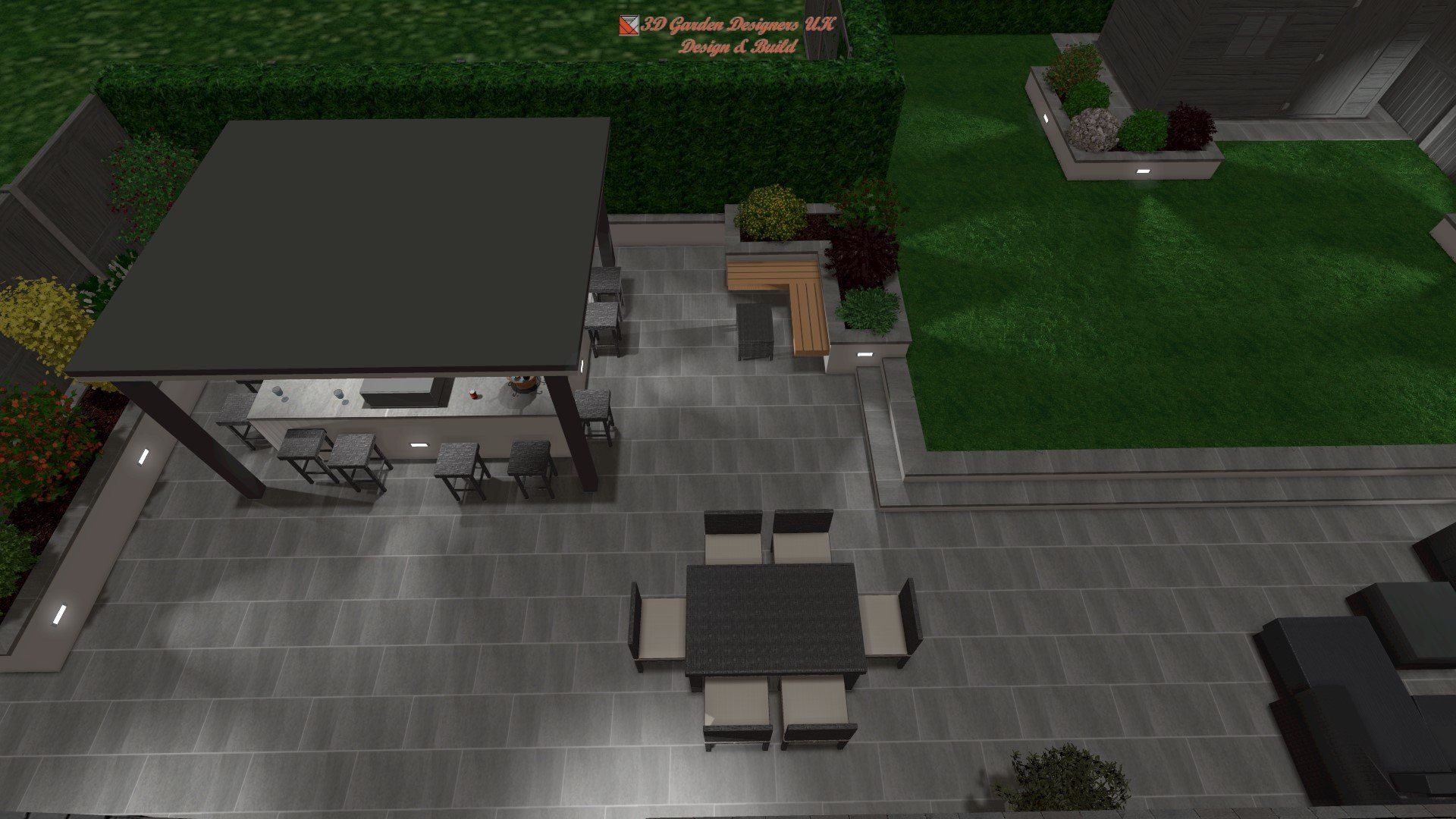 Modern backyard patio with dining area, outdoor kitchen, and landscaping.