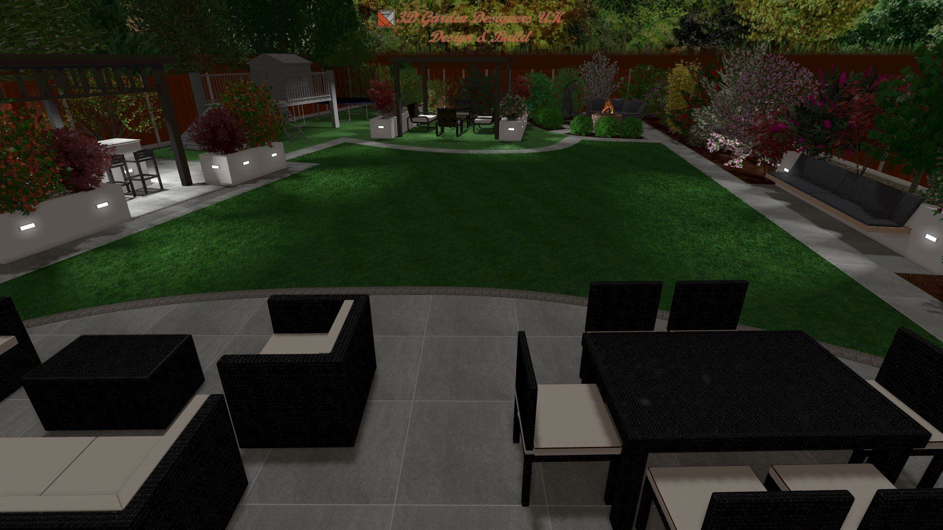 Outdoor patio with black furniture, lawn, and landscaping.