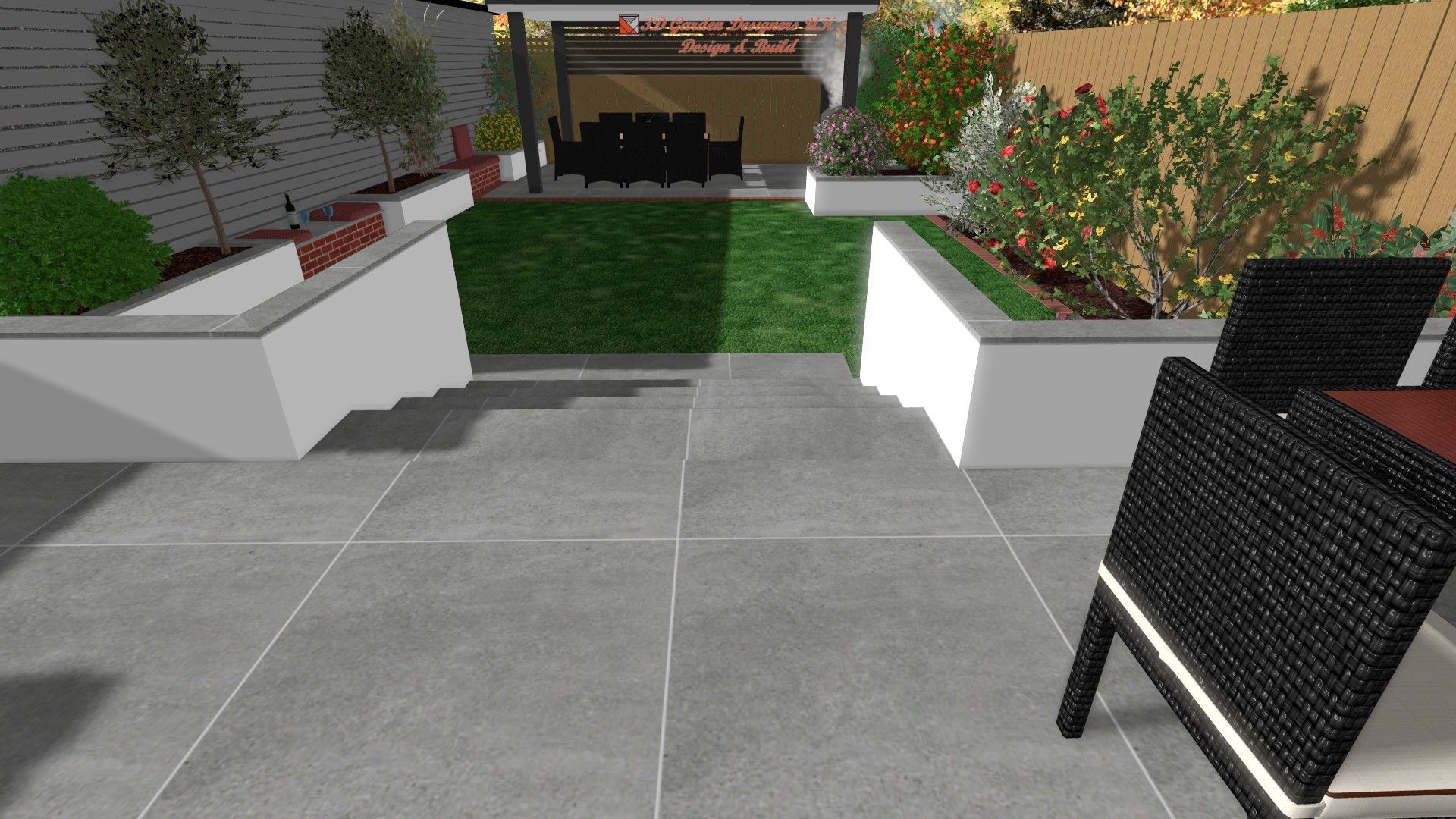 Contemporary backyard with gray patio, raised planters, lawn, and dining area.