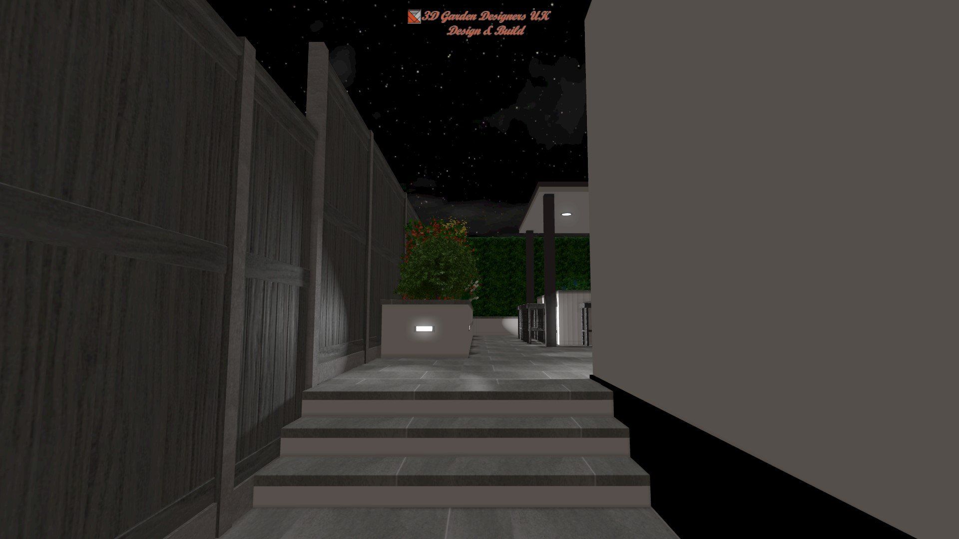 Night view of a modern exterior scene. A path leads between high walls towards a well-lit building.