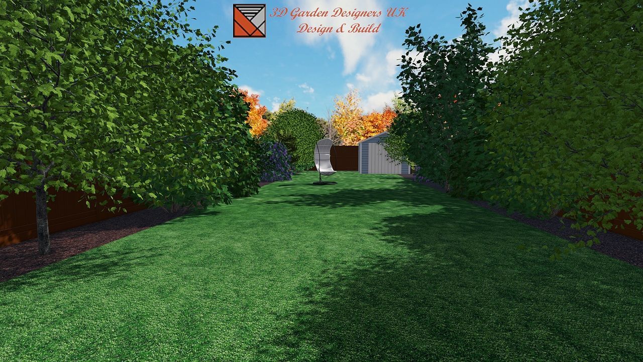 Green grassy backyard with trees, blue sky, and a metal sculpture.
