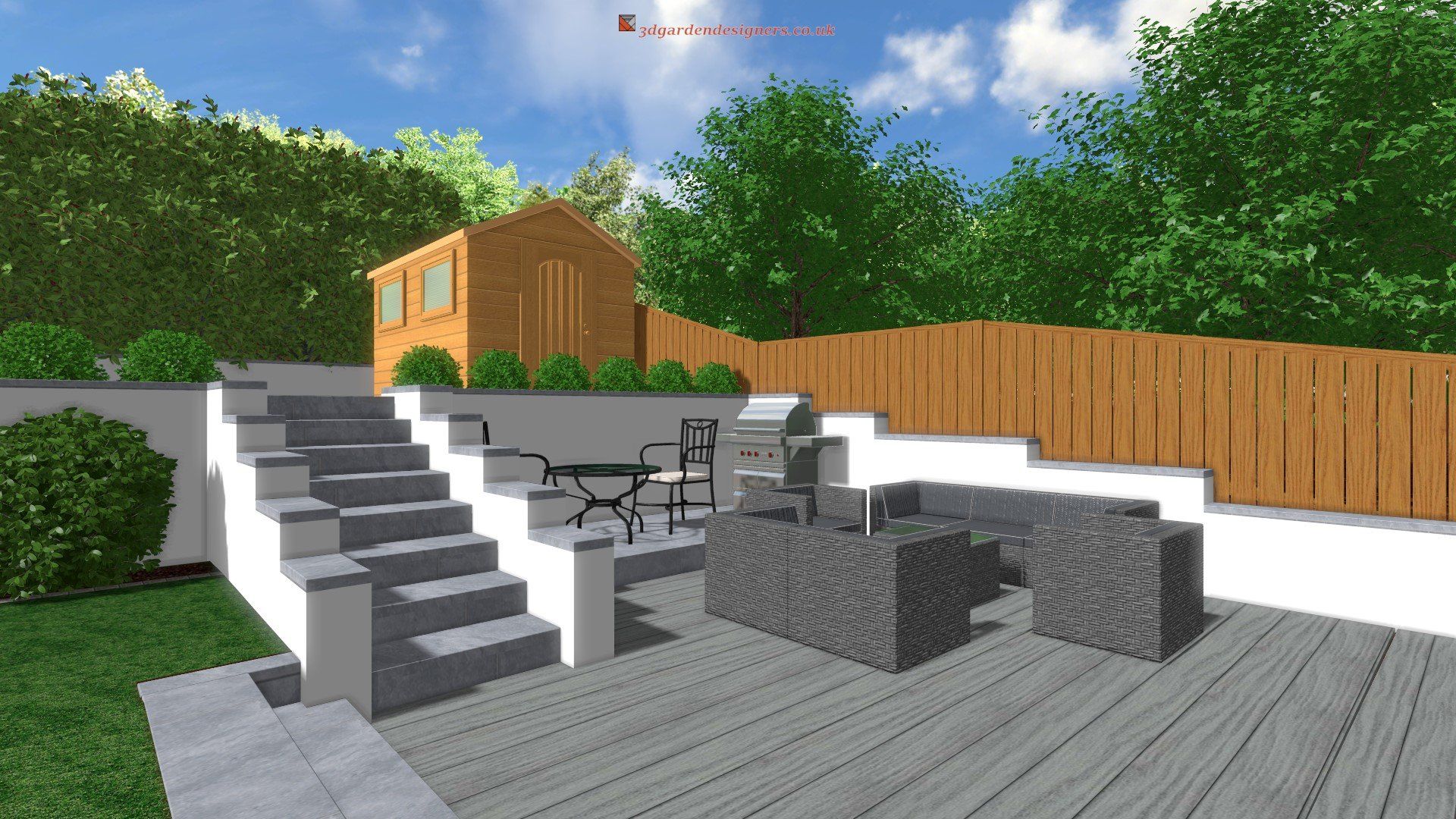 A rendered backyard with a gray patio, steps, and a wooden shed; surrounded by greenery and a wooden fence.