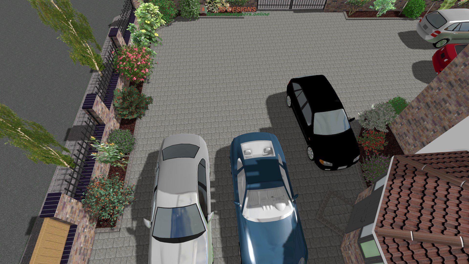 Overhead view of a driveway with parked cars. Blue, gray, and black cars are visible next to a house and garden.
