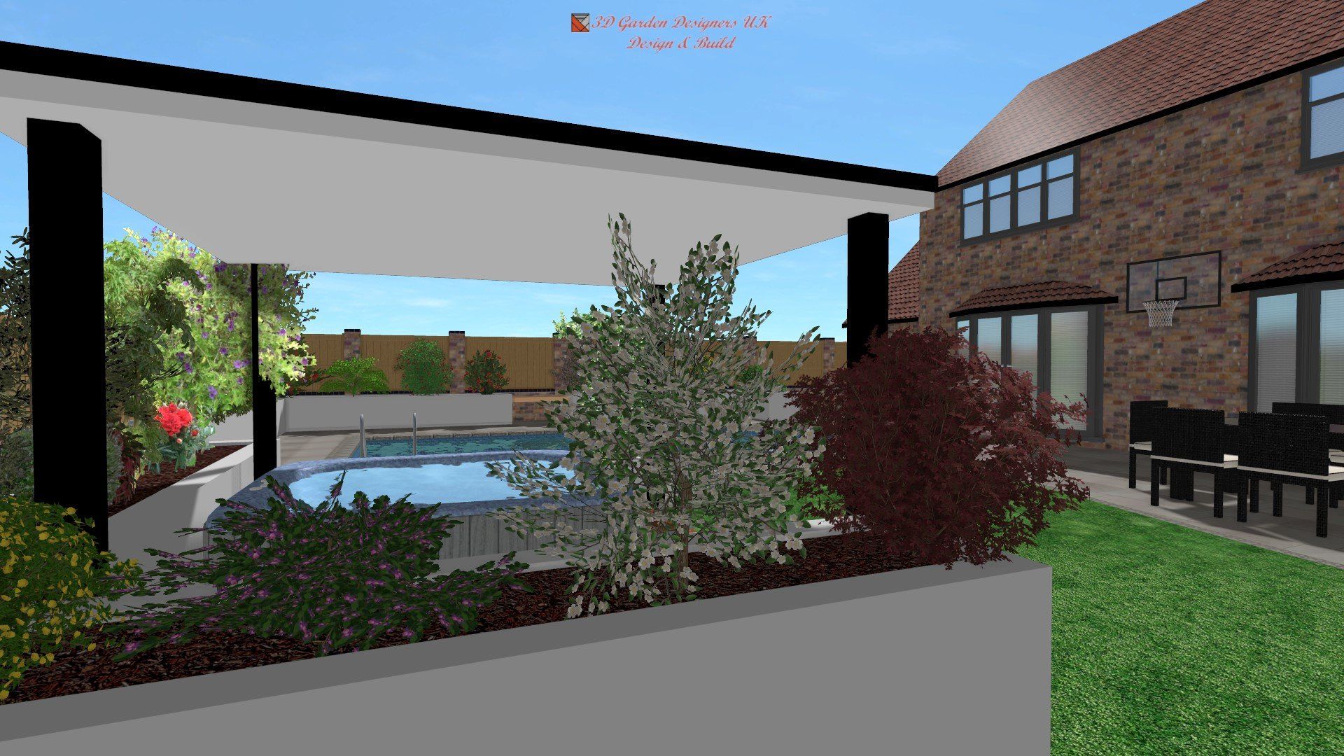 Pool area with pergola, greenery, and a brick house in the background. Sunny day.